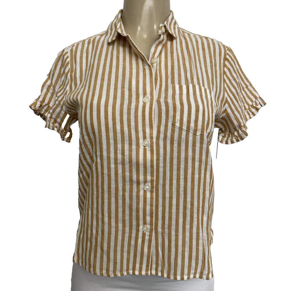 NWOT TROVATA Birds of Paradise Ruffle Sleeve Shirt Beige Stripe Linen Cotton S